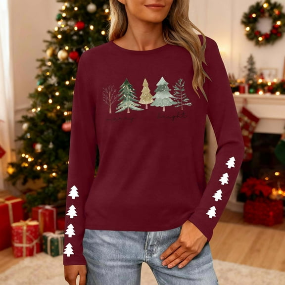 HOMBOM Womens Graphic Tops Long Sleeve Outfits Christmas Merry Christmas Crewneck Wine Blouse for Female