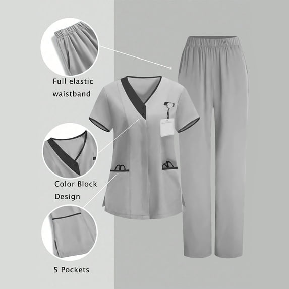 HOMBOM Womens Gray Scrubs Medical V Neck Scrub Top and Pant Short Sleeve Nursing Uniforms for Ladies Comfortable