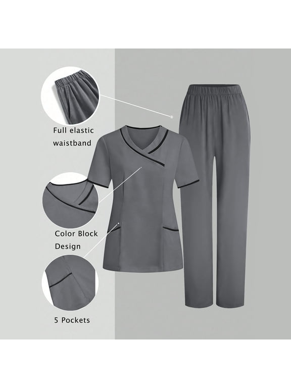 Womens Gray Scrubs Short Sleeve V Neck Scrub Top and Pant Medical Set Lightweight Nursing Uniforms for Ladies