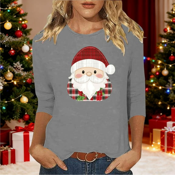 HOMBOM Womens Gray Shirts Christmas 3/4 Sleeve Casual Fall Xmas Snowflakes Crewneck T Shirts for Ladies