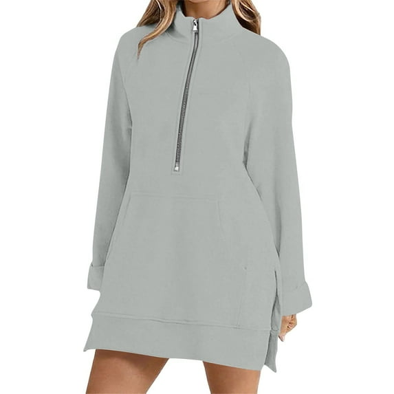 HOMBOM Womens Gray Sweatshirt Plain Zip Mock Neck Pullover Solf with Pocket Mid-Length Long Sleeve Tops for Women