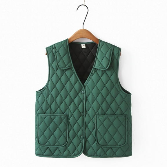 HOMBOM Womens Green Padded Vest Fashion Button down Gilet Short with Pockets Lightweight Outwear Lapel Sleeveless for Women
