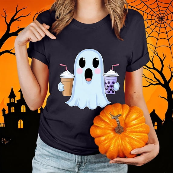 HOMBOM Womens Halloween Cute T Shirts Crewneck Short Sleeve Comfy Basic Holiday Gray Tees for Young Women Fall Tops,L