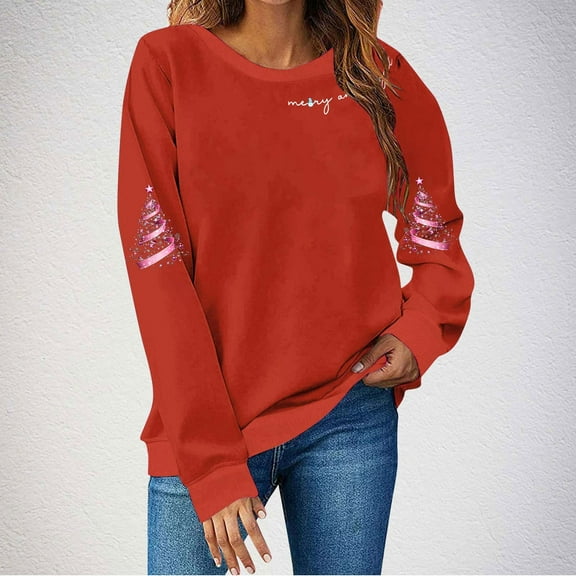 HOMBOM Womens Holiday Sweatshirt Hoodless Pullover Christmas Red Solf Crew Neck Long Sleeve Tops for Women