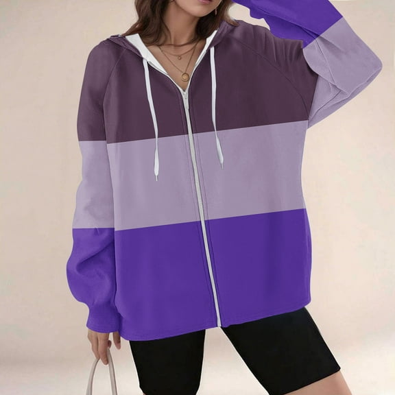 HOMBOM Womens Hooded Sweatshirt Colorblock Solf Drawstring Zip-Up Purple Jackets for Women Long Sleeve