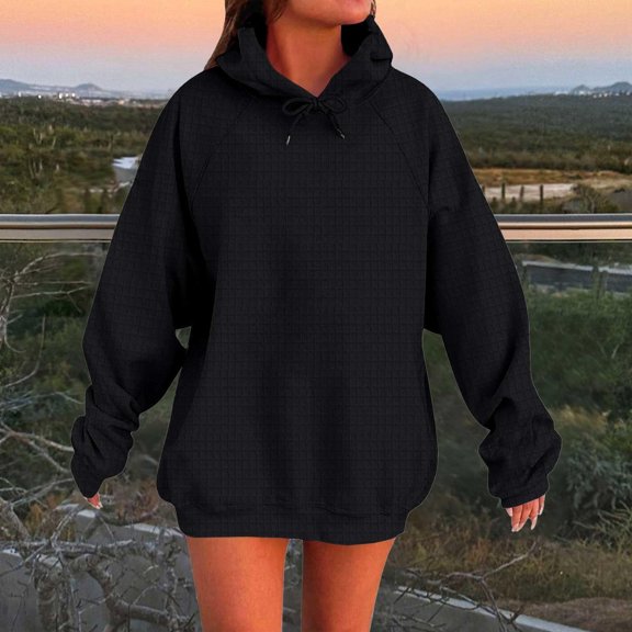 HOMBOM Womens Hooded Sweatshirt Heavyweight Waffle Pullover Black with Pocket Long Sleeve Winter Tops for Women