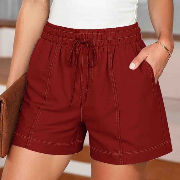 HOMBOM Womens Khaki Shorts with Pockets Relaxed Fit Beach High Waisted Elastic Waist Breathable Shorts for Ladies Drawstring