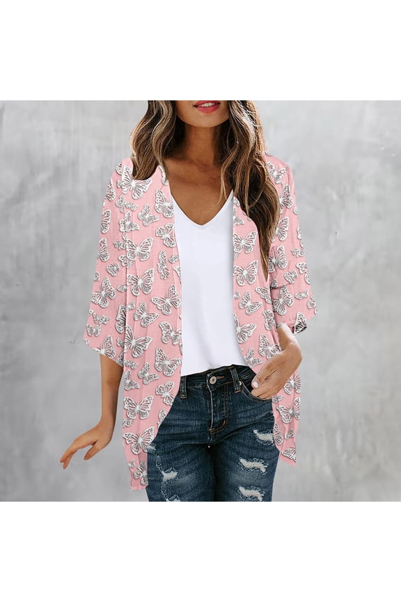Womens Kimonos 3/4 Sleeve Lightweight Cardigan Summer Open Front Floral Beach Boho Cover Up for Ladies
