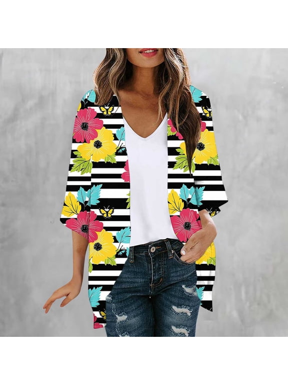 Womens Kimonos Boho 3/4 Sleeve Cardigan Floral Dusters Lightweight Casual Cover Ups for Ladies Flowy