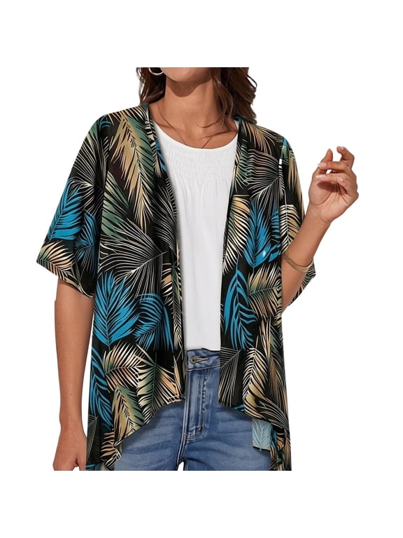 Womens Kimonos Lightweight Short Sleeve Cardigan Dusters Hawaiian Print Open Front Daily Wear Cover Ups for Ladies Breathable