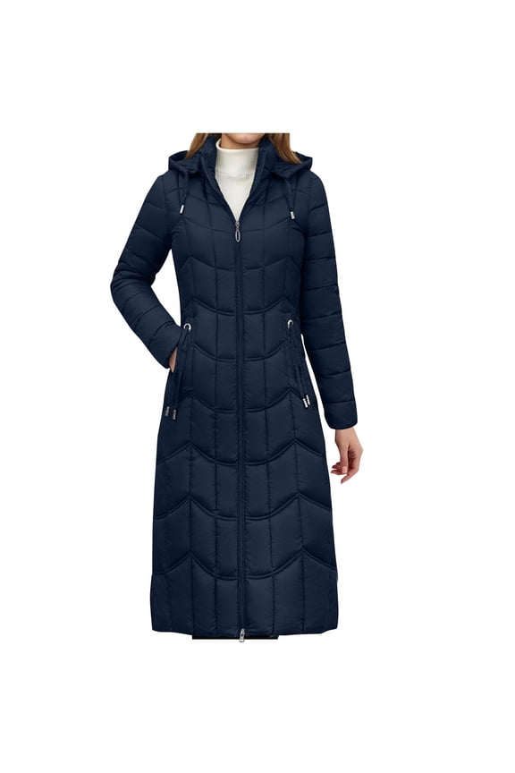 Womens Long Coats Winter Quilted Puffer Dark Blue Windproof Heavy Thermal Hooded Overcoats for Ladies