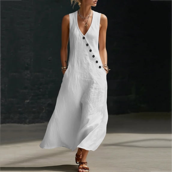 HOMBOM Womens Long Dresses Spring with Side Pockets Solid Casual White Cotton Linen Sleeveless A Line Dress for Ladies