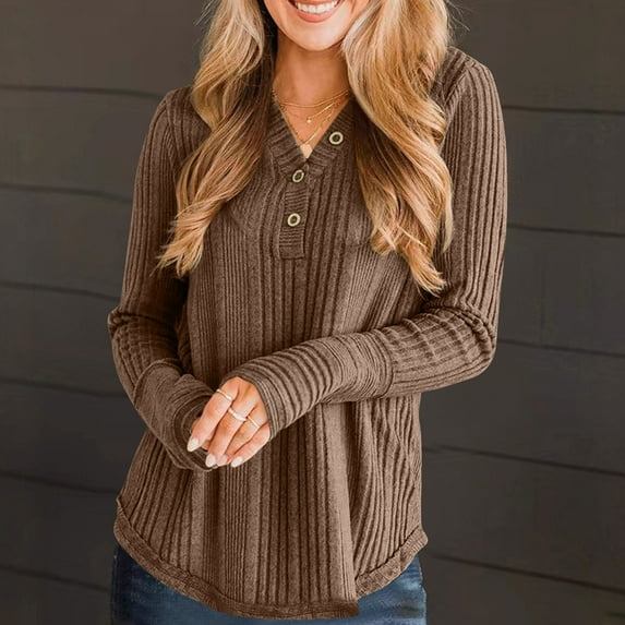 HOMBOM Womens Long Sleeve Sweater Ribbed Knit Brown Tops V-Neck for Ladies Trendy