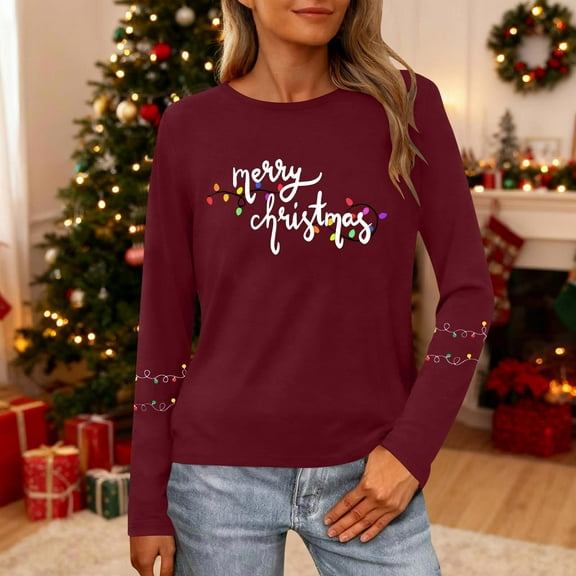 HOMBOM Womens Long Sleeve Tops Fashion Cute Christmas Ugly Christmas Wine Crewneck Blouse for Ladies