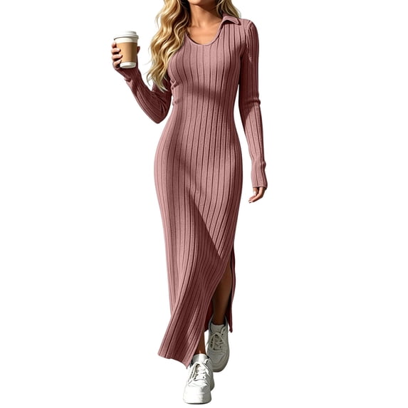 HOMBOM Womens Long Sleeve V Neck Bodycon Dress Maxi Solid Color with ...