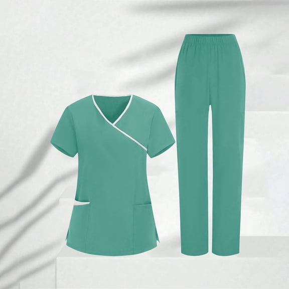 HOMBOM Womens Medical Scrubs Green V Neck Scrub Top and Pant Short Sleeve Comfortable Nursing Uniforms for Ladies