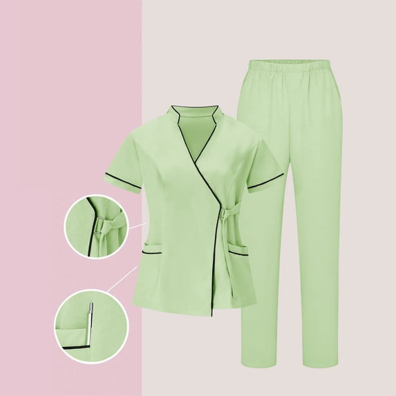 HOMBOM Womens Medical Scrubs Green V Neck Scrub Top and Pant Short Sleeve Stretch Working Uniforms for Women