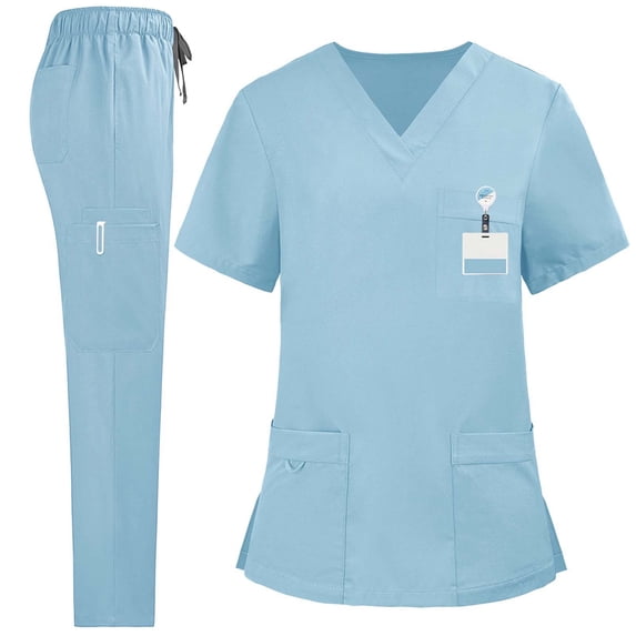 HOMBOM Womens Medical Scrubs Short Sleeve Blue V Neck Scrub Top and Pant Lightweight Nursing Uniforms for Women Set