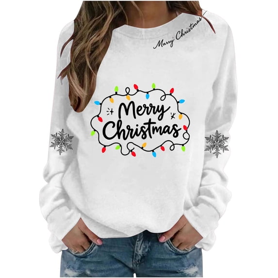 HOMBOM Womens Merry Christmas Sweatshirt Crewneck Long Sleeve Snowflake Lights Print Long Sleeve Pullover Casual Loose Xmas Holiday Tops