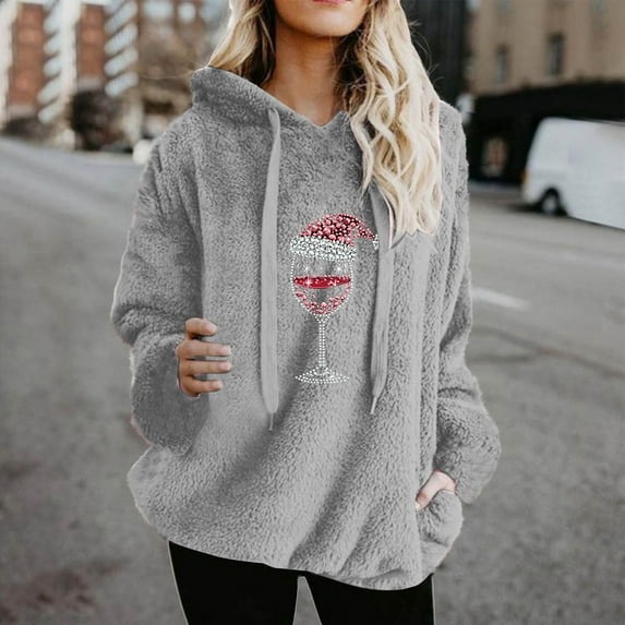 HOMBOM Womens Merry Christmas Sweatshirts Funny Pullover Fleece Gray Hoodies Party Long Sleeve Tops for Ladies Red Wine Glass