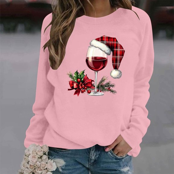 HOMBOM Womens Merry Sweatshirts Pink Festive Fleece Christmas Crewneck Wine Glasses Sweatshirt for Ladies Xmas