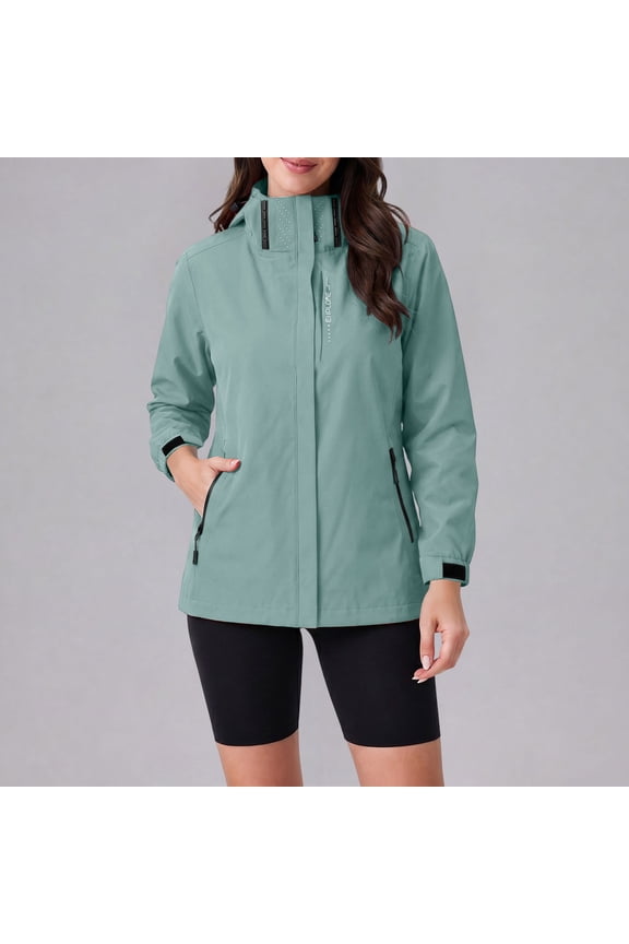 Womens Mid Weight Rain Coat Waterproof Running Outdoor Zipper Drawstring Detachable Hood Windbreaker for Ladies Daily