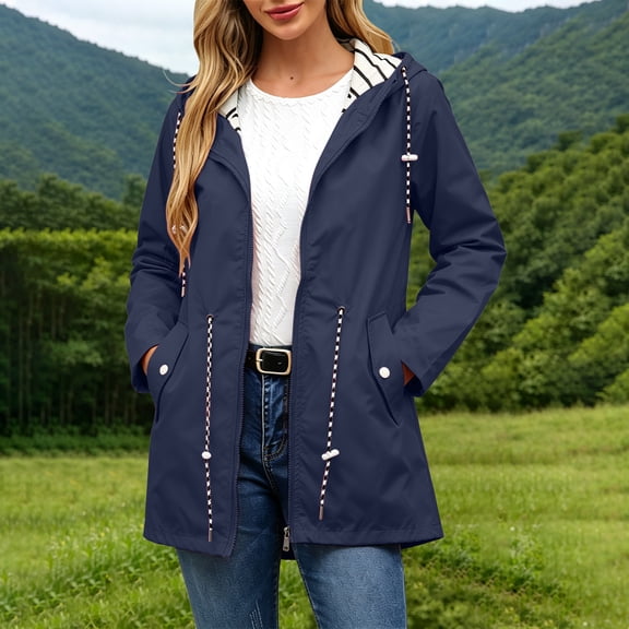HOMBOM Womens Mid Weight Rain Jacket with Pockets Climbing Travel Hooded Drawstring Waist Zipper Raincoat for Ladies Waterproof