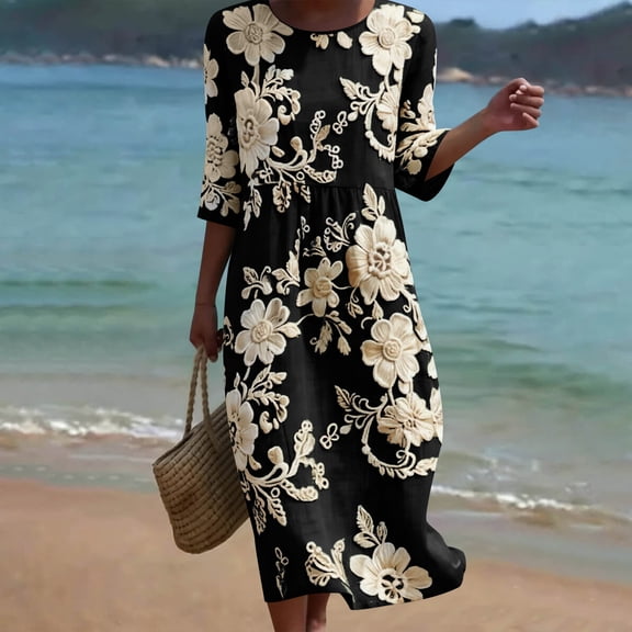 HOMBOM Womens Midi Dresses Spring Beach 3/4 Sleeve Floral Crew Neck A-Line Dress for Women with Pockets