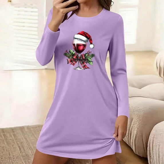 HOMBOM Womens Nightgowns Christmas Cozy Pajamas Long Sleeve Casual Xmas Purple MooMoo Nightie for Women