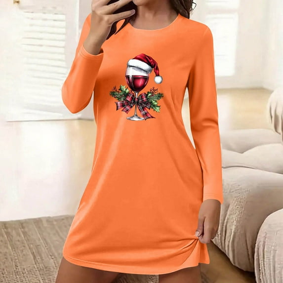 HOMBOM Womens Nightgowns Fall Cute Nightwear Xmas Orange Loose Long Sleeve Nightdress for Female