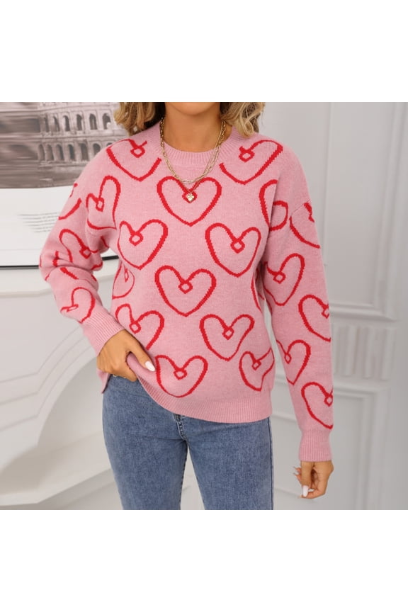 Womens Pink Sweaters Fall Knit Soft Crew Neck Long Sleeve Pullover Tops for Womens Heart