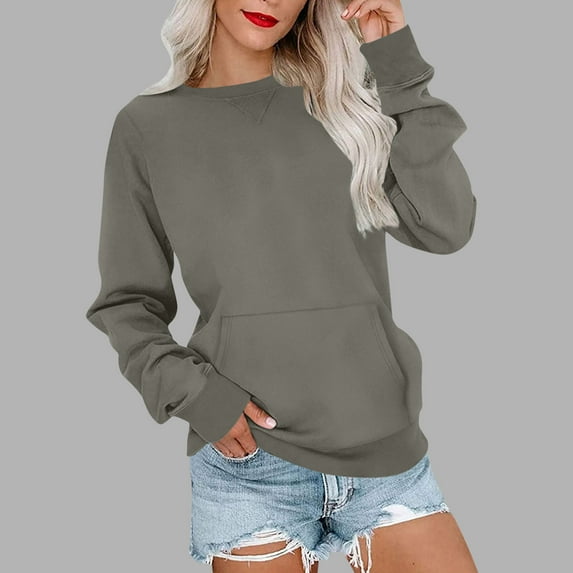 HOMBOM Womens Plain Sweatshirt with Pocket Pullover Lightweight Crew Neck Long Sleeve Fall Tops for Women