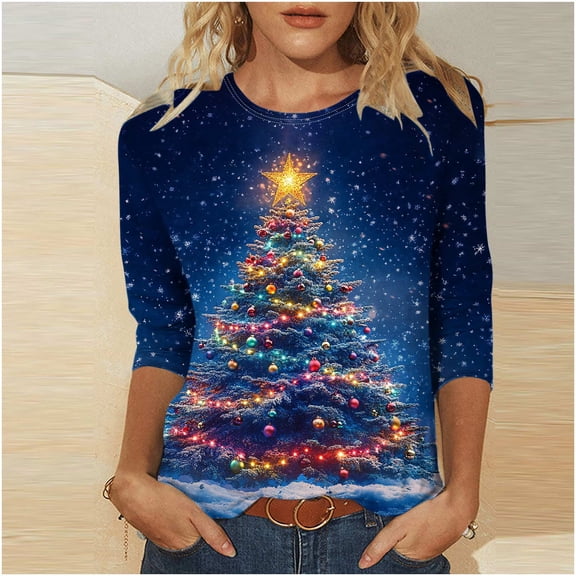HOMBOM Womens Plus Size Shirts Blue Western Christmas 3/4 Sleeve Cute Reindeer T Shirts for Women Crewneck