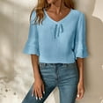 thumbnail image 1 of HOMBOM Womens Plus Size Shirts Spring Crop V Neck Short Sleeve Light Blue Cotton Linen Blouse for Ladies Boho, 1 of 8