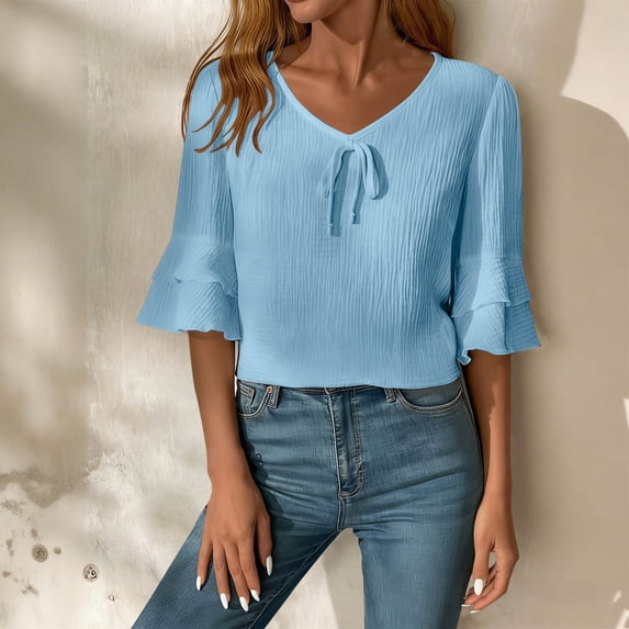 HOMBOM Womens Plus Size Shirts Spring Crop V Neck Short Sleeve Light Blue Cotton Linen Blouse for Ladies Boho