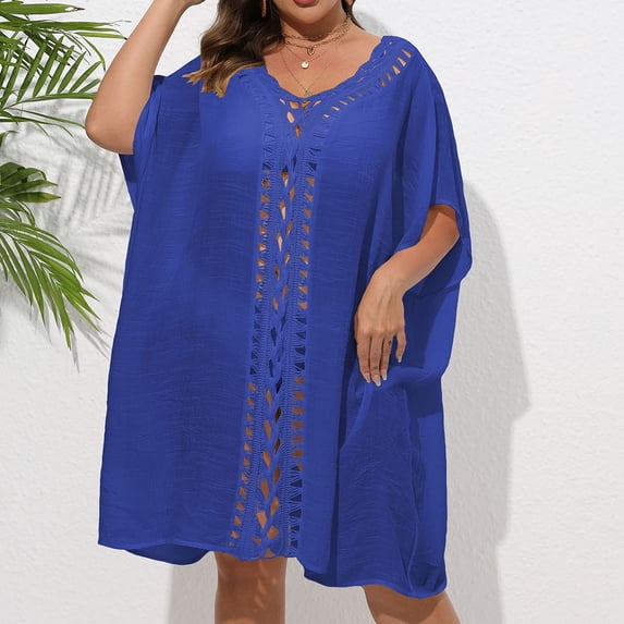 HOMBOM Womens Plus Size Swimsuit Cover Up Sheer Beach Cover Up Mesh V Neck Holiday Summer Dresses for Ladies