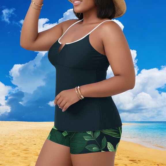 HOMBOM Womens Plus Size Tankini Swim Suits Tummy Control Swimwear Green Two Piece Bathing Suit for Ladies with Shorts