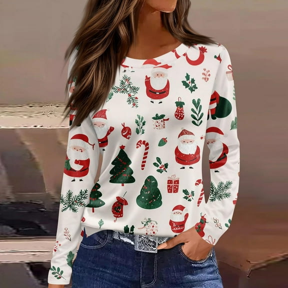 HOMBOM Womens Plus Size Tops Christmas Cute Festive White Crewneck Santa Xmas Tee Shirts for Ladies Long Sleeve