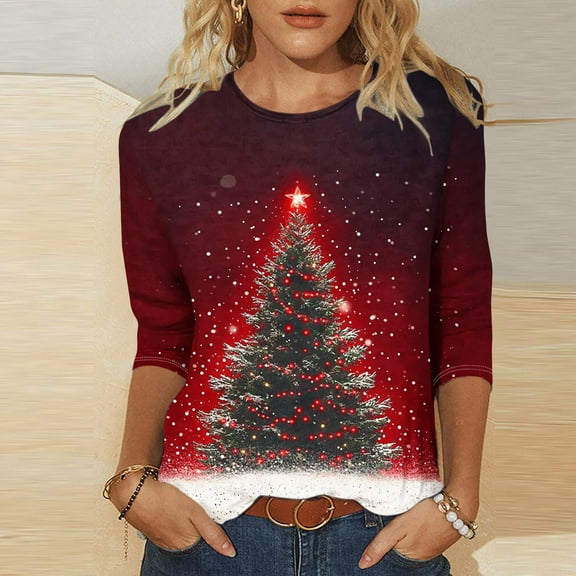 HOMBOM Womens Plus Size Tops Cute 3/4 Sleeve Dressy Casual Christmas Christmas Tree Blouse for Women Crewneck