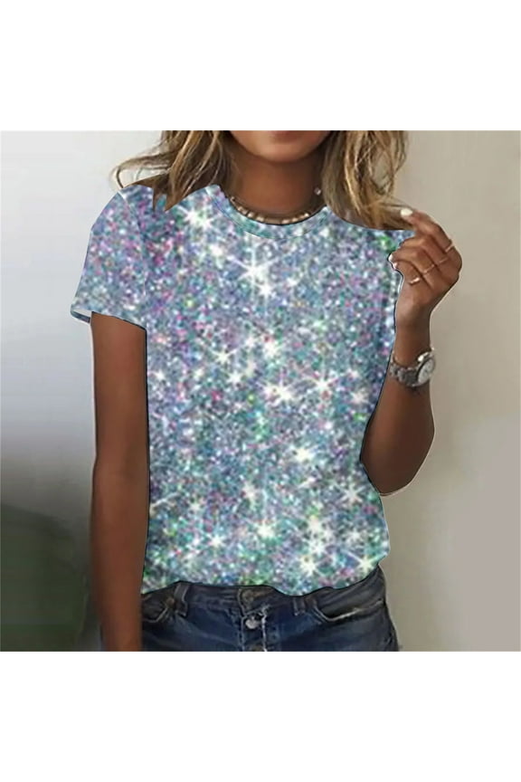 Womens Plus Size Tops Sparkling Crystal Print Silver Crewneck Short Sleeve T-shirts Graphic Tees Y2k