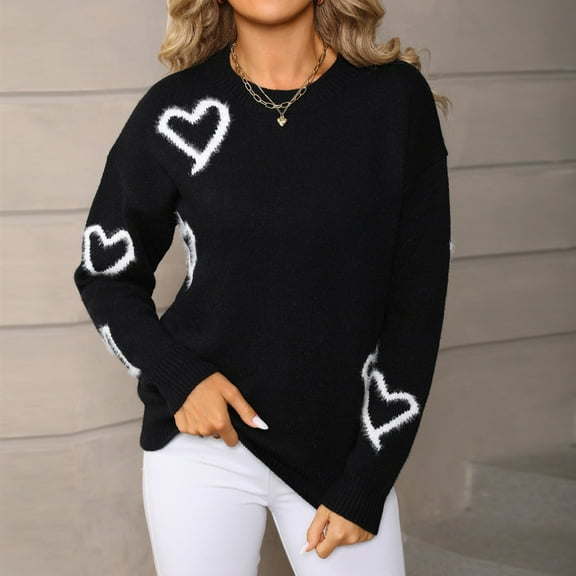 HOMBOM Womens Pullover Sweaters Black Crew Neck Xmas Heart Winter Fall Tops for Womens Long Sleeve
