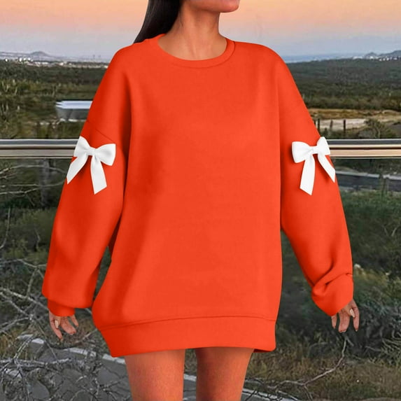 HOMBOM Womens Pullover Sweatshirt Fall Holiday Crew Neck Bows Long Sleeve Orange No Hood Plain Graphic Tops for Women