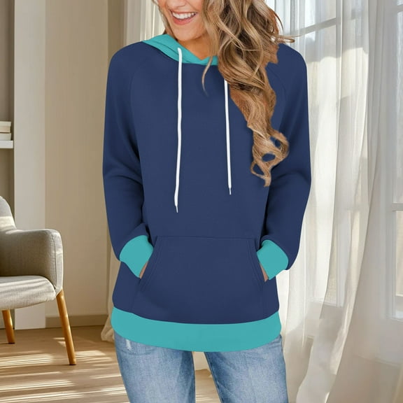HOMBOM Womens Pullover Sweatshirt Hooded Casual Colorblock Navy Long Sleeve Heavyweight Tops for Women with Pocket