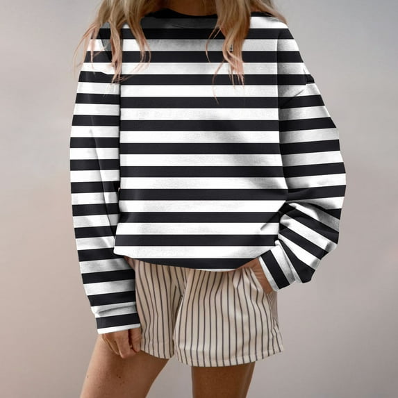 HOMBOM Womens Pullover Sweatshirt Striped Black Crew Neck Winter Hoodless Tops for Women Long Sleeve