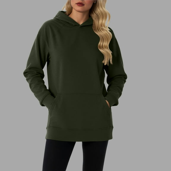 HOMBOM Womens Pullover Tunic Sweatshirts Trendy with Pocket Plain Long Sleeve Hooded Army Green Tops for Women