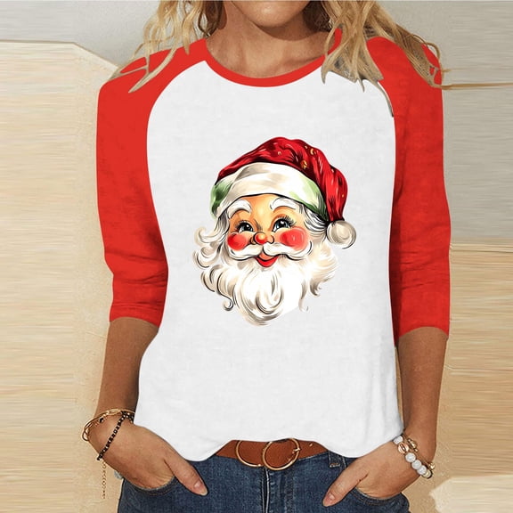HOMBOM Womens Raglan Tops Cute Plus Size Western Red 3/4 Sleeve Santa Print Xmas T Shirts for Women Christmas