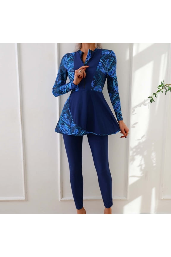 Womens Rash Guard Bathing Suit Long Sleeve Swim Dress with Leggings Modest Floral Two Piece Swimwear for Ladies Tummy Control