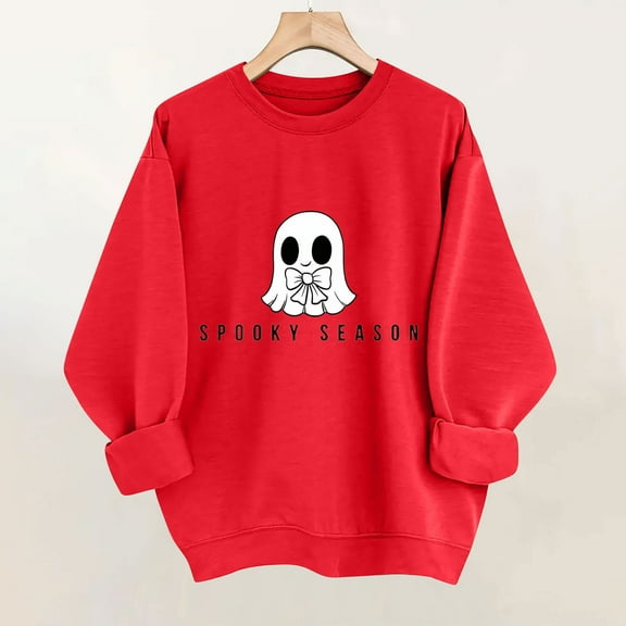 HOMBOM Womens Red Sweatshirt Crewneck Pullover Soft Drop Shoulder Spooky Season Oversized Tops for Ladies