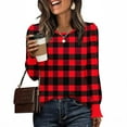 thumbnail image 1 of HOMBOM Womens Red T-Shirts Crew Neck Fall Long Sleeve Plaid Tops Puff Sleeve for Women, 1 of 6