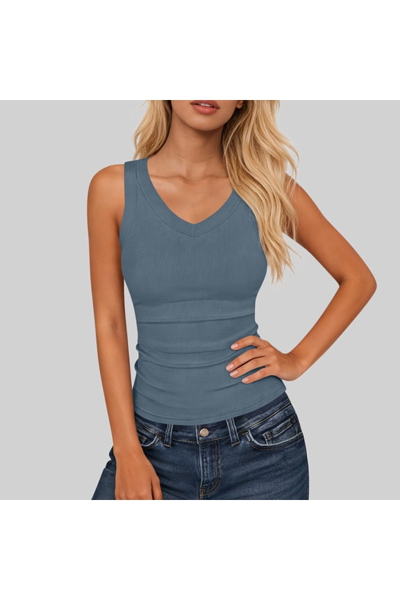 Womens Ribbed Tank Top Y2k Fitted Camisole Sky Blue Summer Soft Sleeveless Top for Ladies